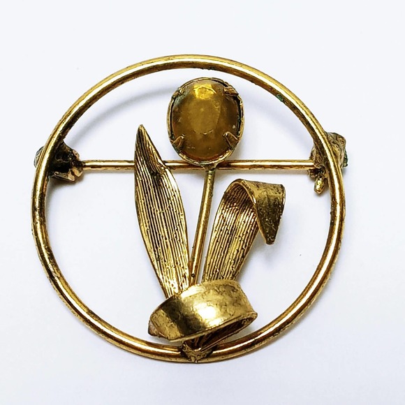 Vintage Gold Floral Ring Brooch 1 1/4" Gold Flower Yellow Stone (jb3) - Picture 4 of 5